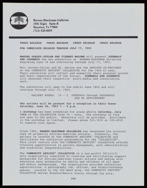 Primary view of object titled '[News Release from Barnes-Blackman Galleries Announcing the "Journals and Journeys" exhibition, 1993]'.
