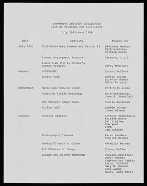 Primary view of object titled '[Community Artists' Collective's List of Programs and Activities, July 1993-June 1995]'.