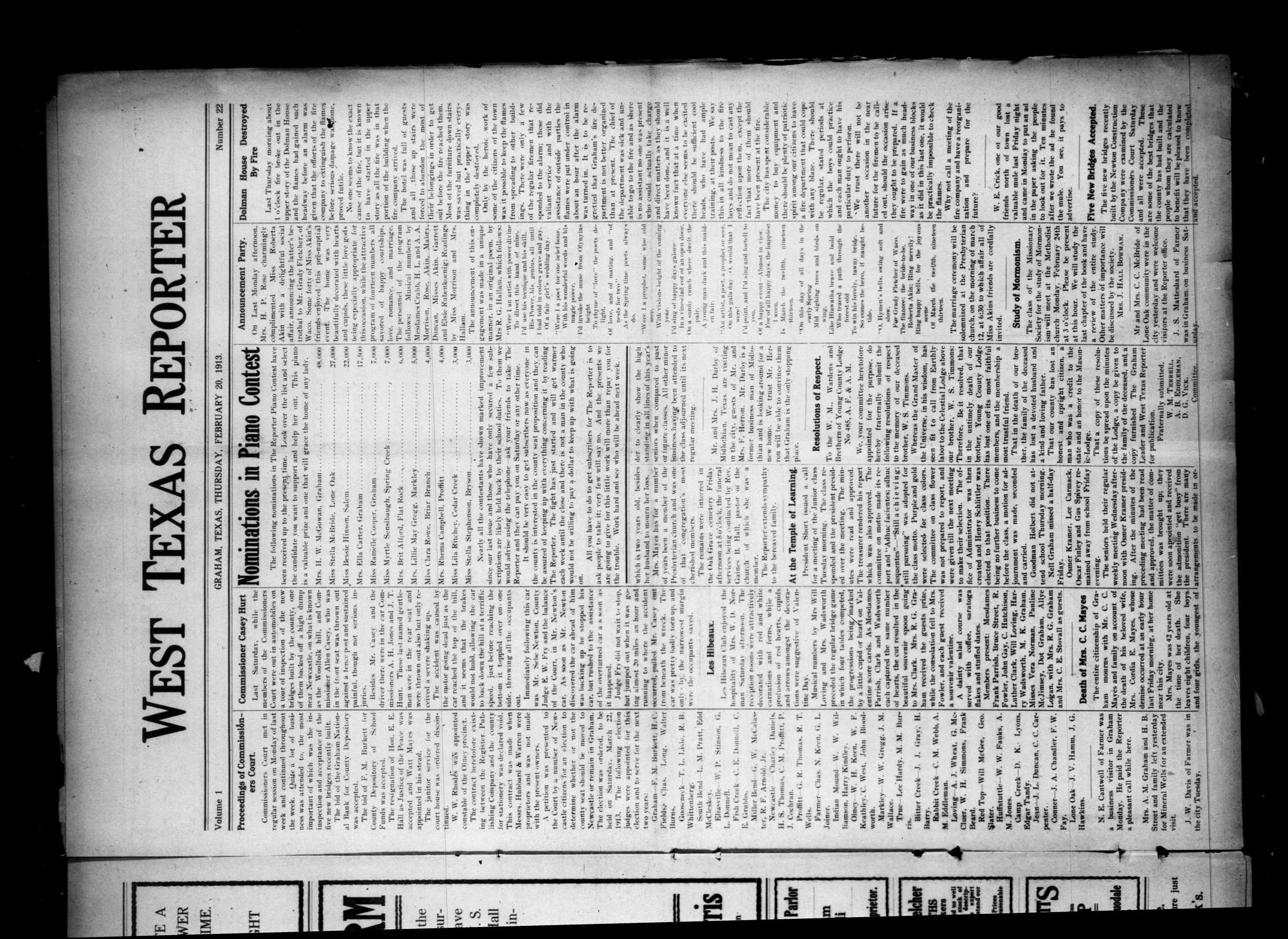 West Texas Reporter (Graham, Tex.), Vol. 1, No. 22, Ed. 1 Thursday, February 20, 1913
                                                
                                                    [Sequence #]: 1 of 8
                                                