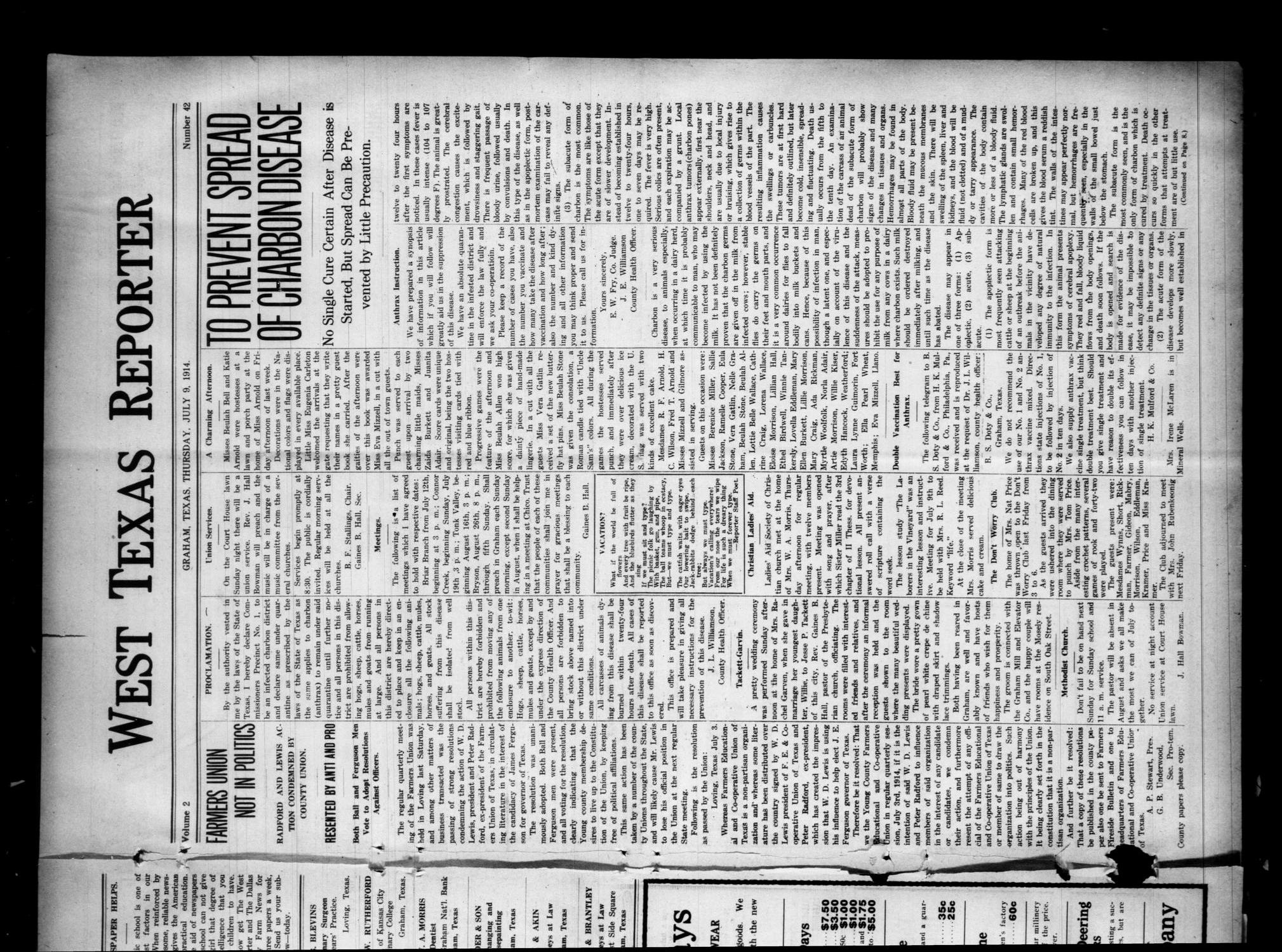 West Texas Reporter (Graham, Tex.), Vol. 2, No. 42, Ed. 1 Thursday, July 9, 1914
                                                
                                                    [Sequence #]: 1 of 8
                                                