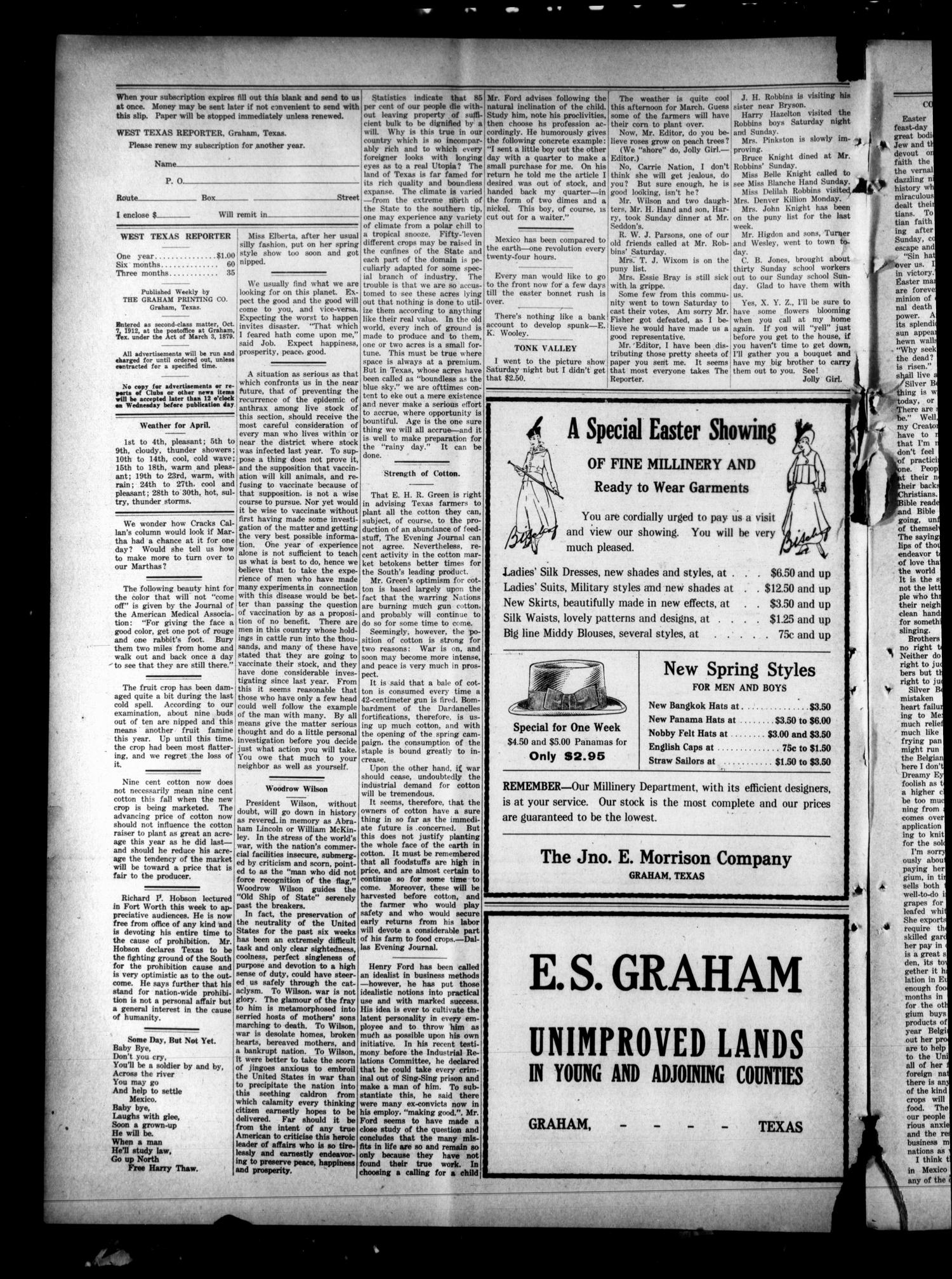 West Texas Reporter (Graham, Tex.), Vol. 3, No. 27, Ed. 1 Friday, April 2, 1915
                                                
                                                    [Sequence #]: 2 of 8
                                                