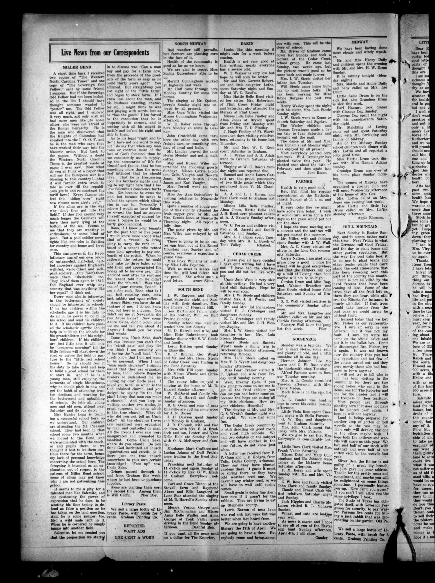 West Texas Reporter (Graham, Tex.), Vol. 3, No. 27, Ed. 1 Friday, April 2, 1915
                                                
                                                    [Sequence #]: 4 of 8
                                                