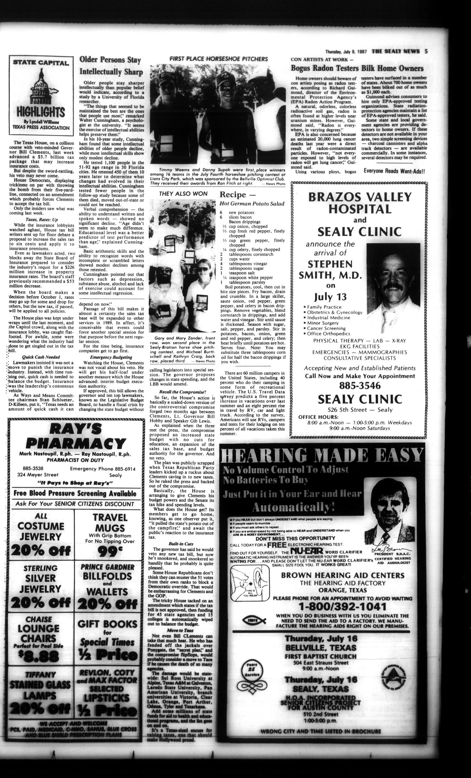 The Sealy News (Sealy, Tex.), Vol. 100, No. 17, Ed. 1 Thursday, July 9, 1987
                                                
                                                    [Sequence #]: 5 of 28
                                                