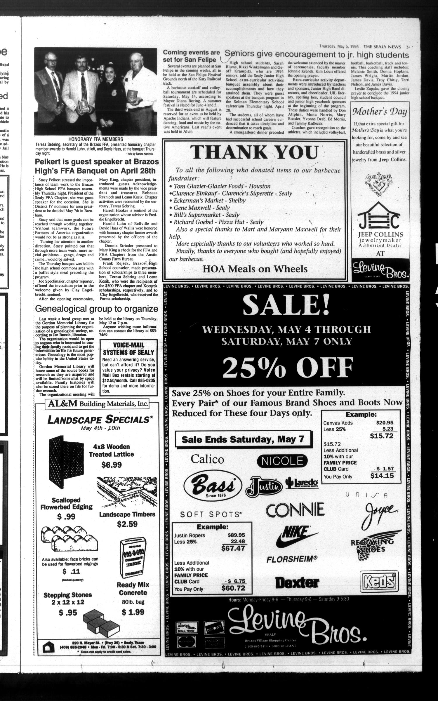 The Sealy News (Sealy, Tex.), Vol. 107, No. 9, Ed. 1 Thursday, May 5, 1994
                                                
                                                    [Sequence #]: 3 of 48
                                                