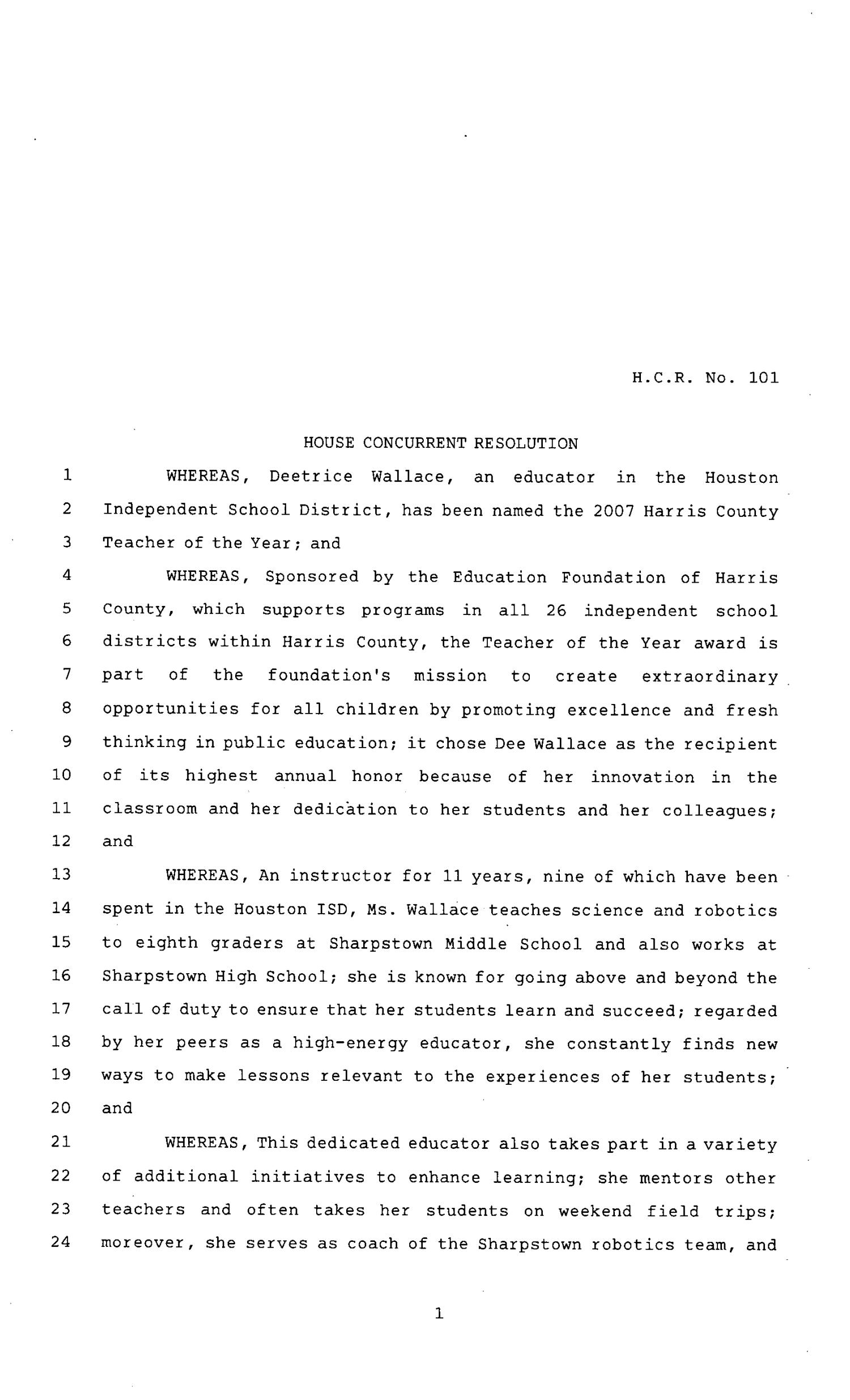 80th Texas Legislature, Regular Session, House Concurrent Resolution 101
                                                
                                                    [Sequence #]: 1 of 3
                                                
