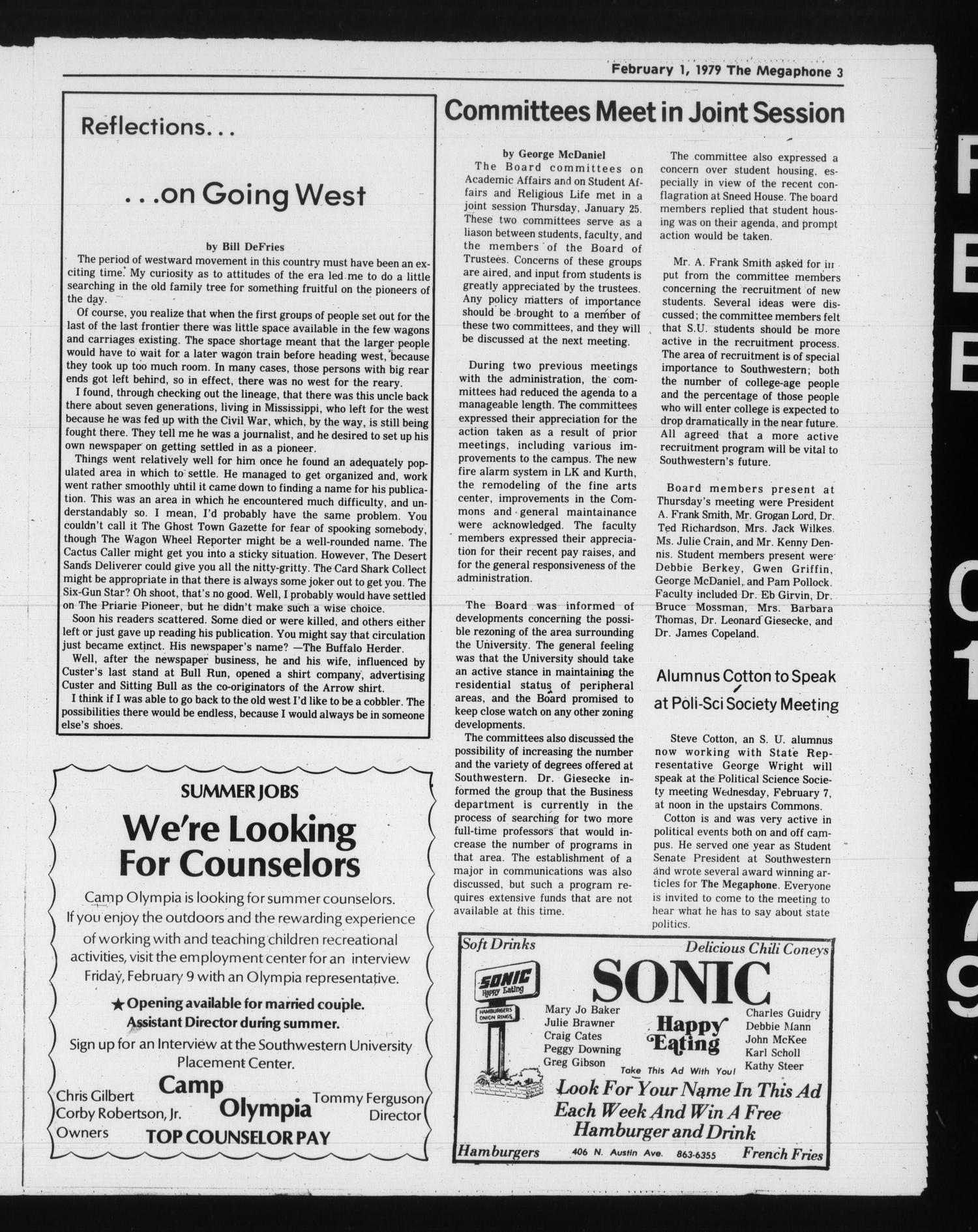 The Megaphone (Georgetown, Tex.), Vol. 72, No. 20, Ed. 1 Thursday, February 1, 1979
                                                
                                                    [Sequence #]: 3 of 8
                                                