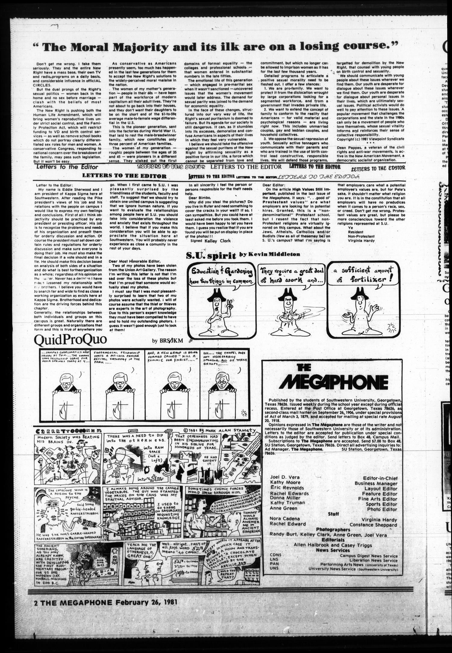 The Megaphone (Georgetown, Tex.), Vol. 74, No. 19, Ed. 1 Thursday, February 26, 1981
                                                
                                                    [Sequence #]: 2 of 6
                                                