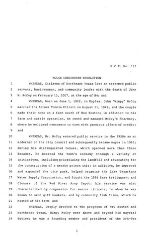 80th Texas Legislature, Regular Session, House Concurrent Resolution 131