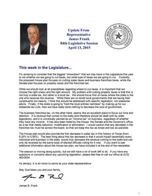 Newsletter of Texas State Representative James Frank: April 13, 2015