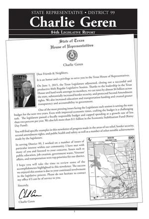 Newsletter of Texas State Representative Charlie Geren: 84th Legislative, June 1, 2015