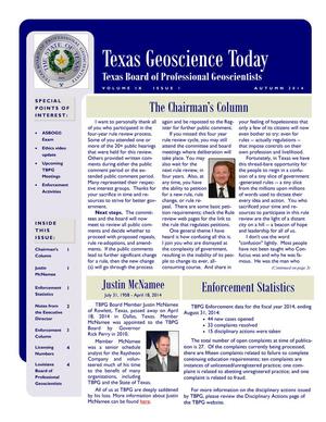 Texas Geoscience Today, Volume 9, Number 1, Autumn 2014