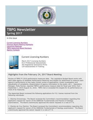 Primary view of object titled 'TBPG Newsletter, Spring 2017'.