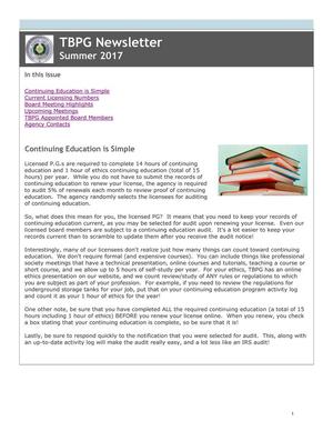 TBPG Newsletter, Summer 2017