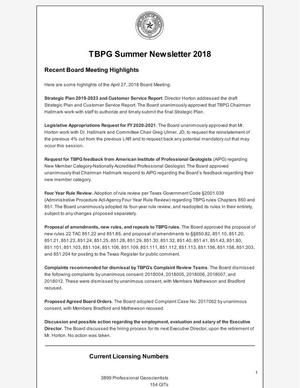 TBPG Newsletter, Summer 2018