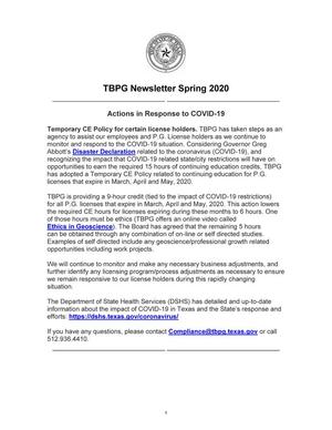 TBPG Newsletter, Spring 2020