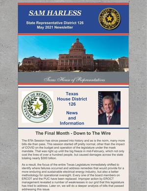 Primary view of object titled 'Newsletter of Texas State Representative Sam Harless: May 2021'.
