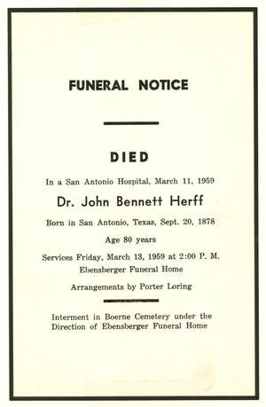 [Funeral Notice for John Bennett Herff, March 11, 1959[