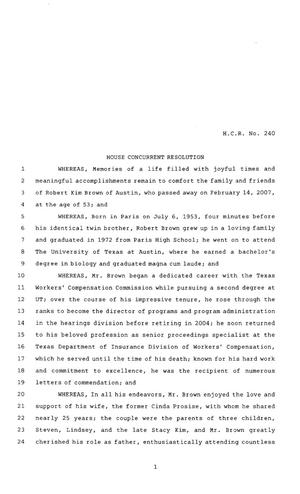 80th Texas Legislature, Regular Session, House Concurrent Resolution 240