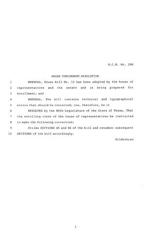 Primary view of object titled '80th Texas Legislature, Regular Session, House Concurrent Resolution 286'.