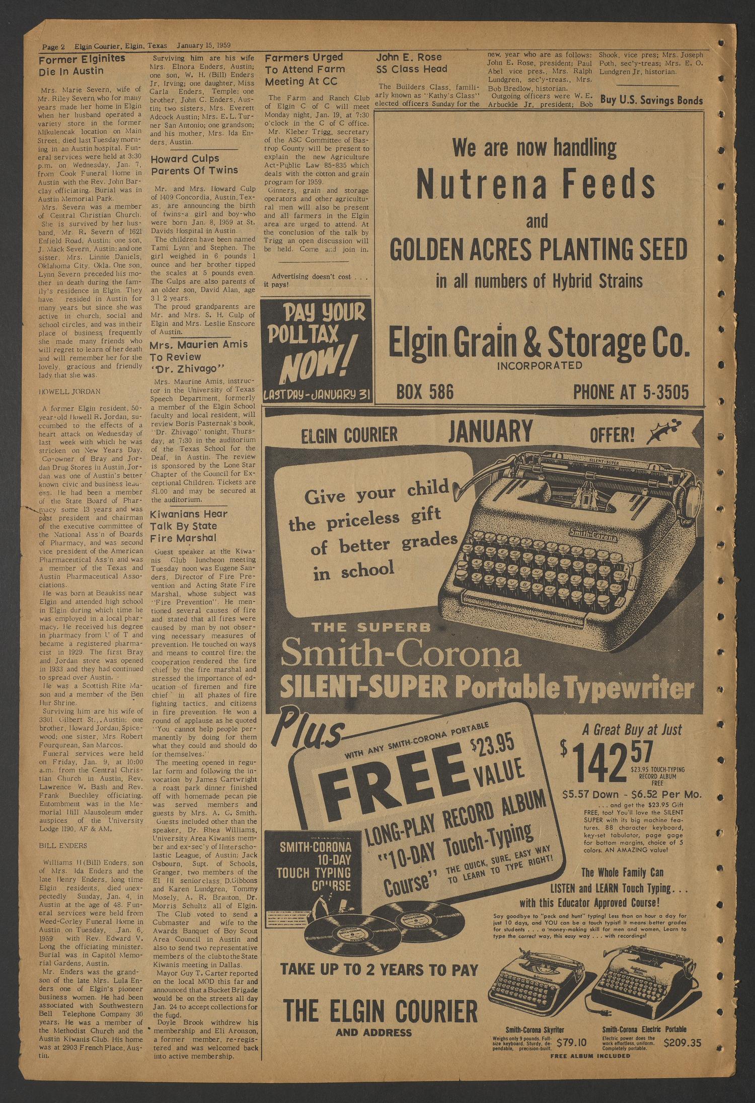 Elgin Courier and Four County News (Elgin, Tex.), Vol. 68, No. 44, Ed. 1 Thursday, January 15, 1959
                                                
                                                    [Sequence #]: 2 of 10
                                                