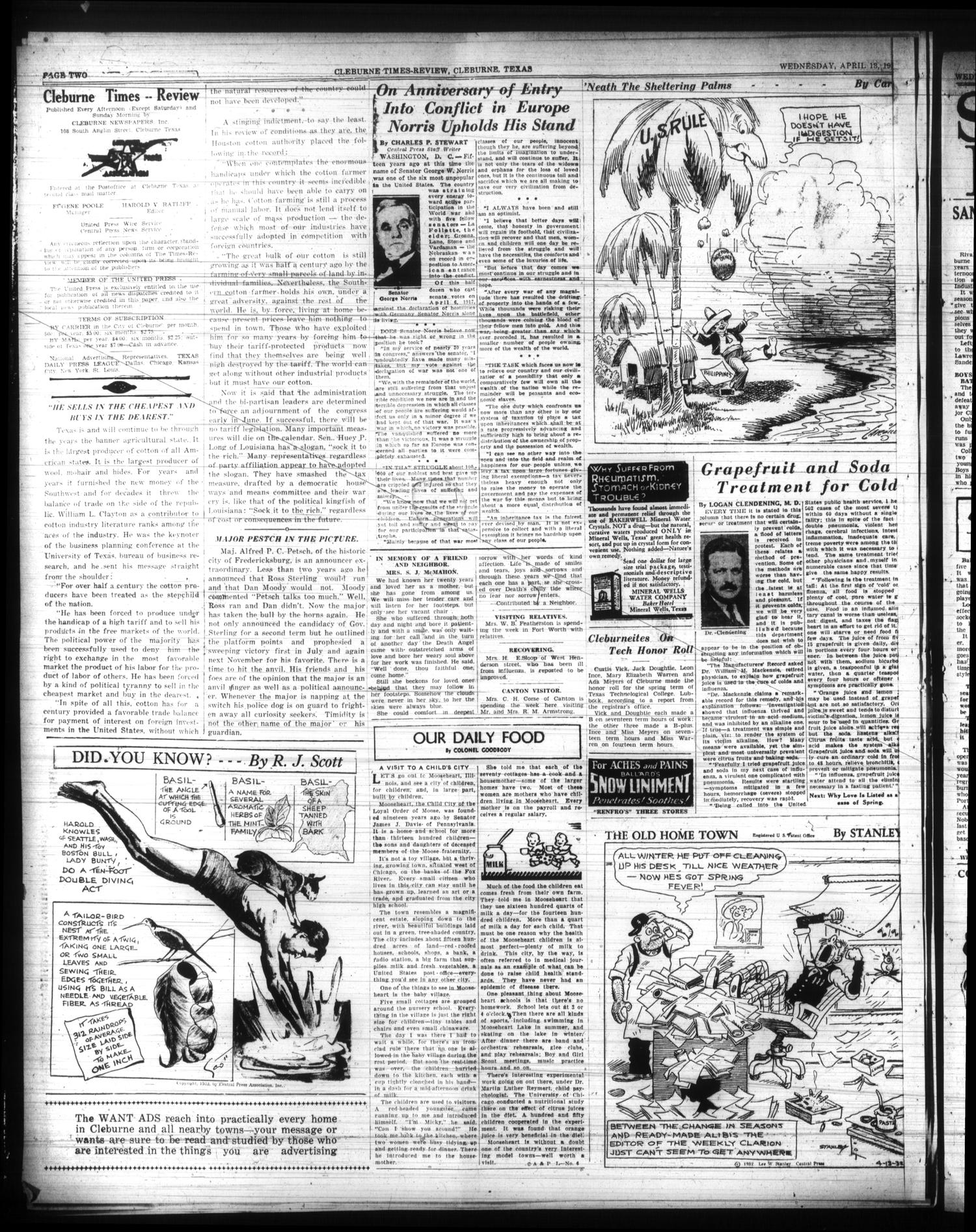 Cleburne Times-Review (Cleburne, Tex.), Vol. 27, No. 162, Ed. 1 Wednesday, April 13, 1932
                                                
                                                    [Sequence #]: 2 of 6
                                                