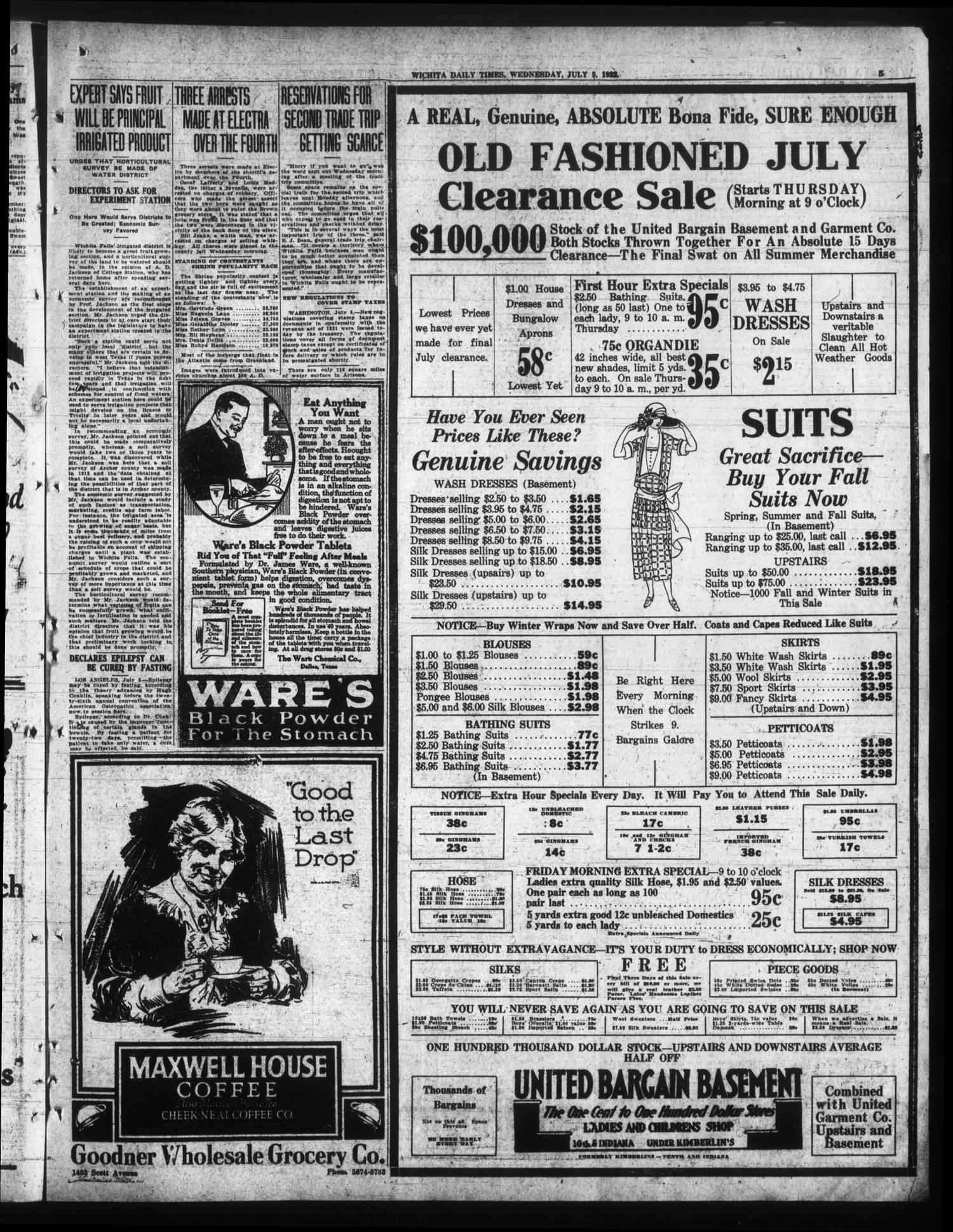 Wichita Daily Times (Wichita Falls, Tex.), Vol. 16, No. 53, Ed. 1 Wednesday, July 5, 1922
                                                
                                                    [Sequence #]: 5 of 12
                                                