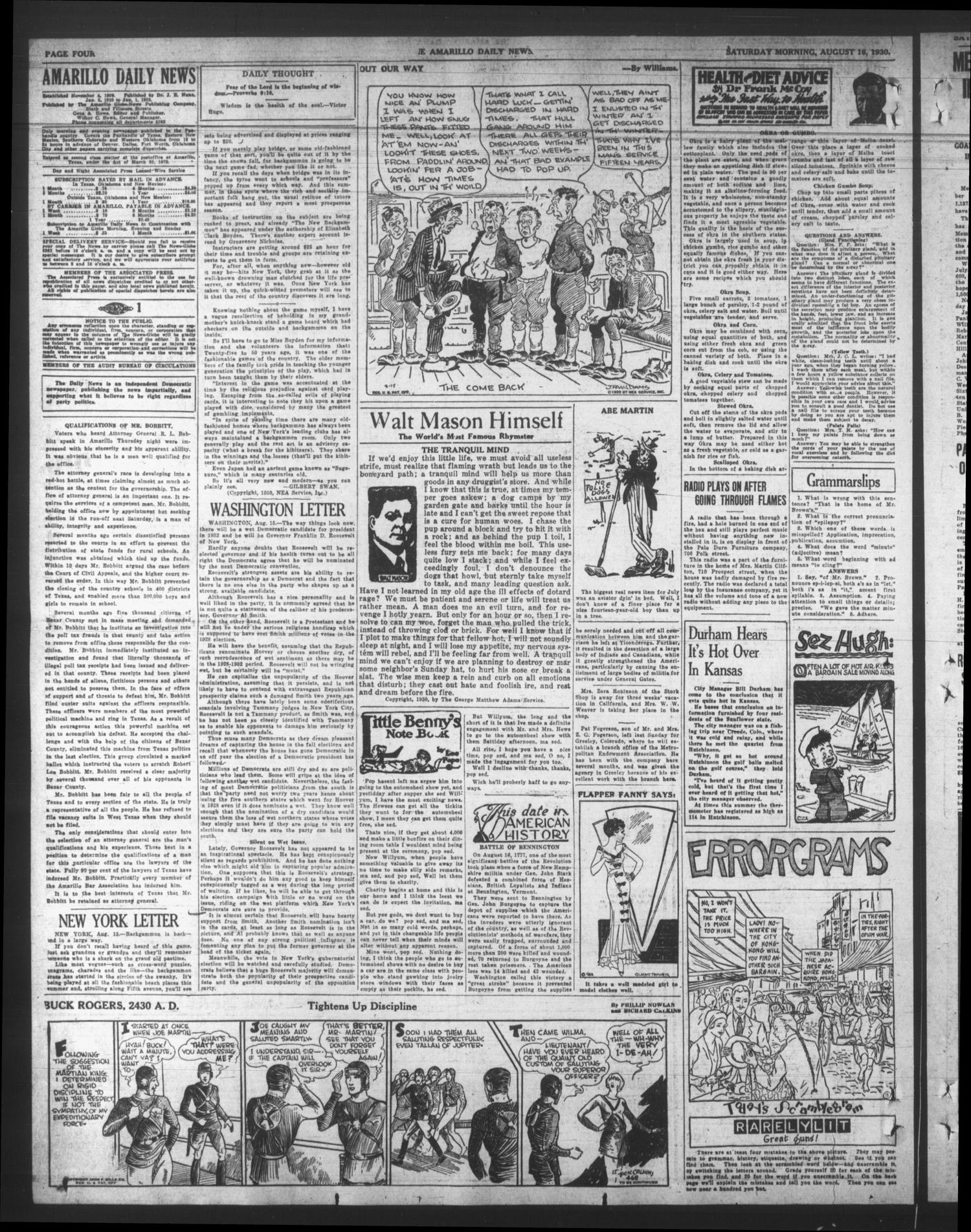 Amarillo Daily News (Amarillo, Tex.), Vol. 21, No. 247, Ed. 1 Saturday, August 16, 1930
                                                
                                                    [Sequence #]: 4 of 14
                                                