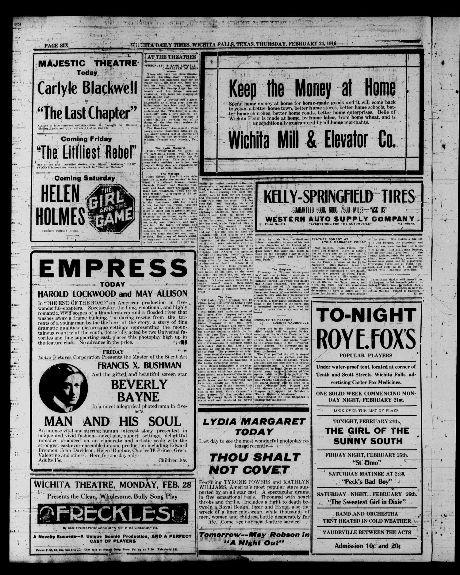 Wichita Daily Times (Wichita Falls, Tex.), Vol. 9, No. 246, Ed. 1 Thursday, February 24, 1916
                                                
                                                    [Sequence #]: 6 of 8
                                                