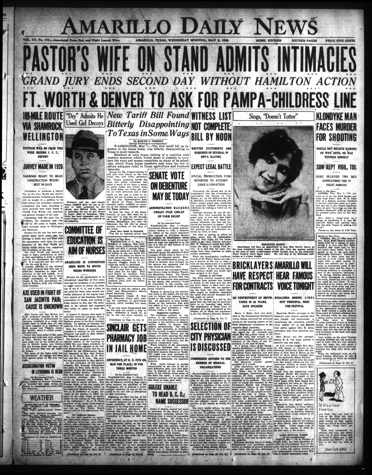 Amarillo Daily News (Amarillo, Tex.), Vol. 20, No. 173, Ed. 1 Wednesday, May 8, 1929
                                                
                                                    [Sequence #]: 1 of 16
                                                
