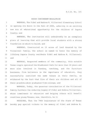 79th Texas Legislature, Regular Session, House Concurrent Resolution 141