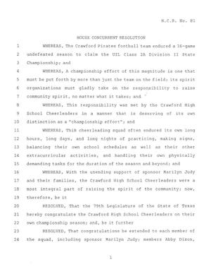 78th Texas Legislature, Regular Session, House Concurrent Resolutions 81
