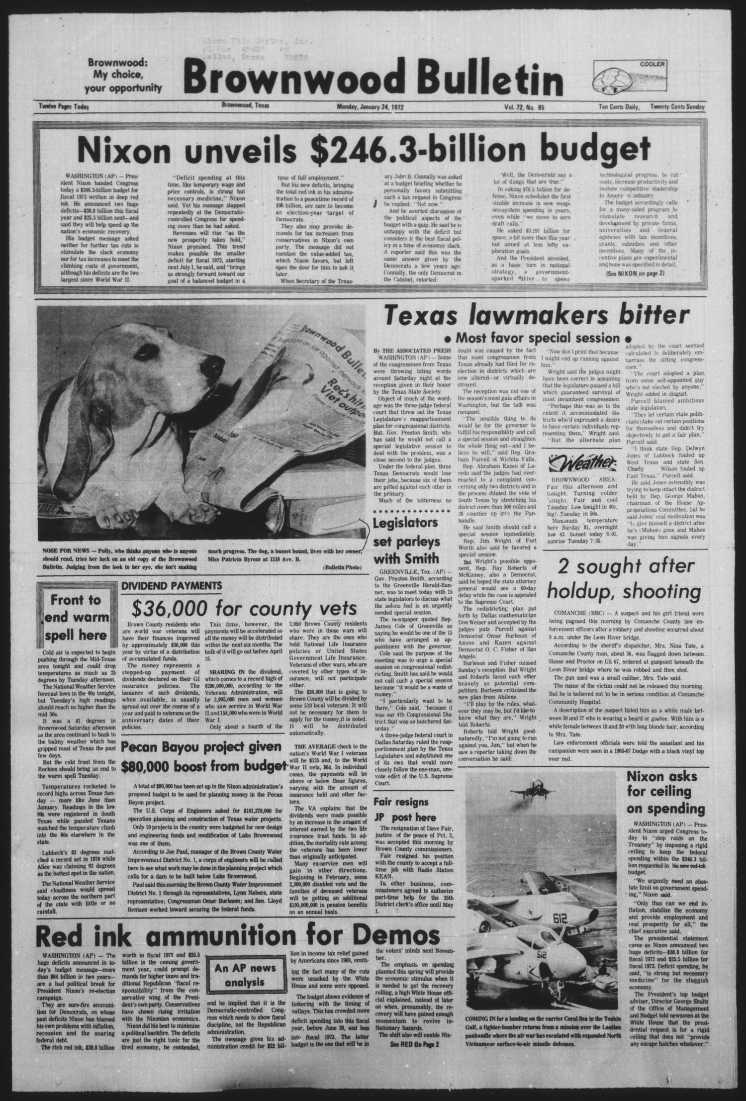 Brownwood Bulletin (Brownwood, Tex.), Vol. 72, No. 85, Ed. 1 Monday, January 24, 1972
                                                
                                                    [Sequence #]: 1 of 12
                                                