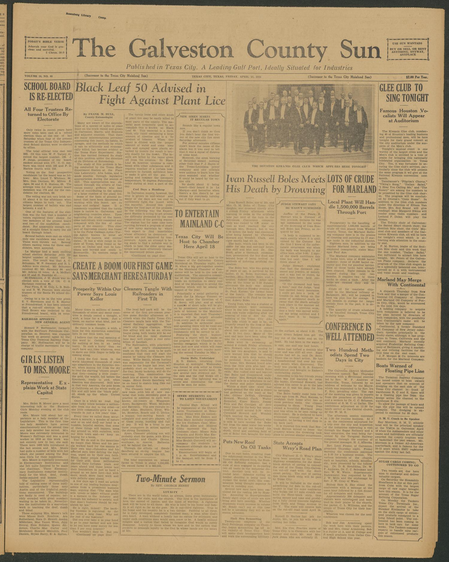 The Galveston County Sun (Texas City, Tex.), Vol. 14, No. 46, Ed. 1 Friday, April 12, 1929
                                                
                                                    [Sequence #]: 1 of 6
                                                