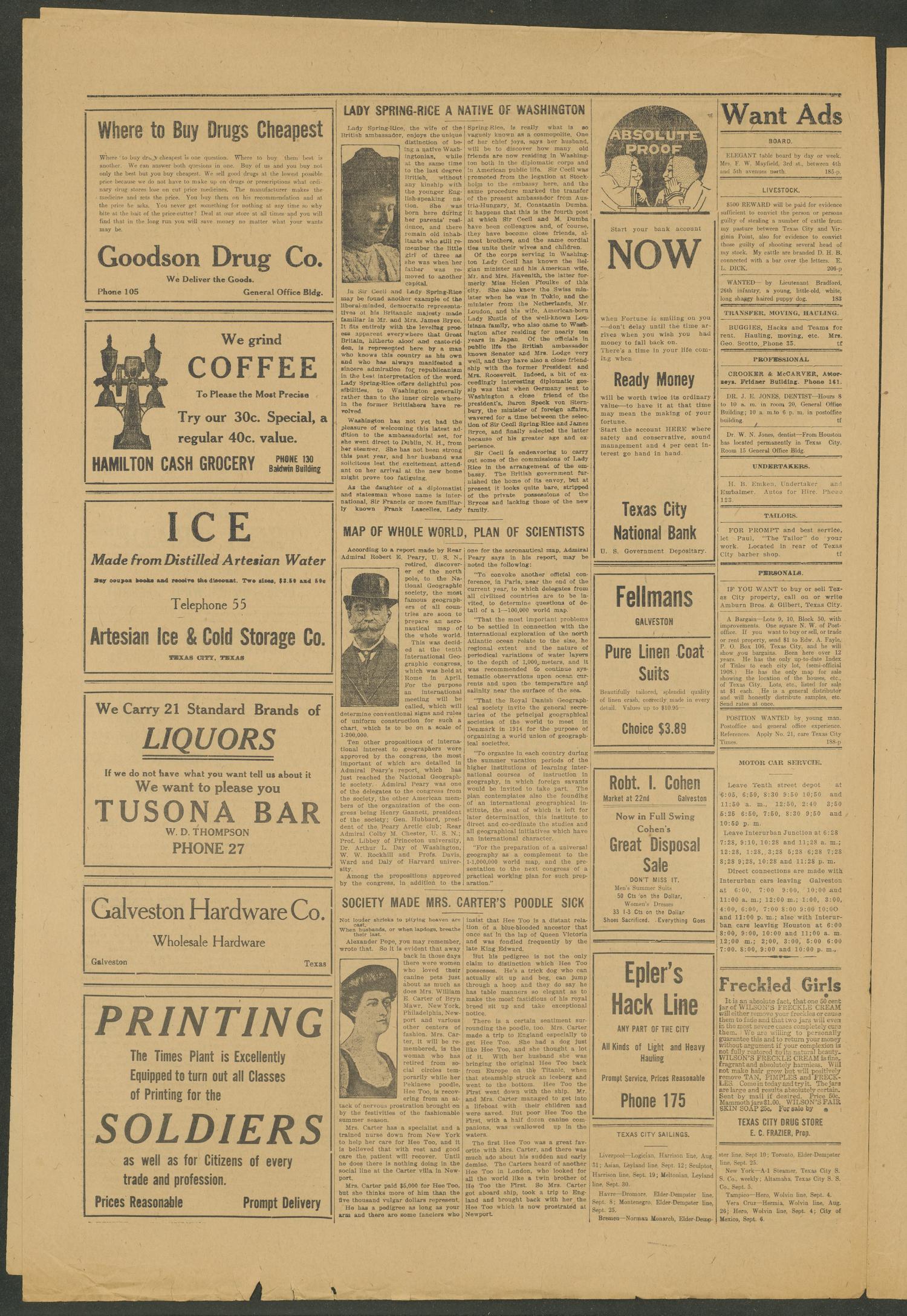 Texas City Daily Times (Texas City, Tex.), Vol. 1, No. 183, Ed. 1 Tuesday, September 2, 1913
                                                
                                                    [Sequence #]: 4 of 4
                                                