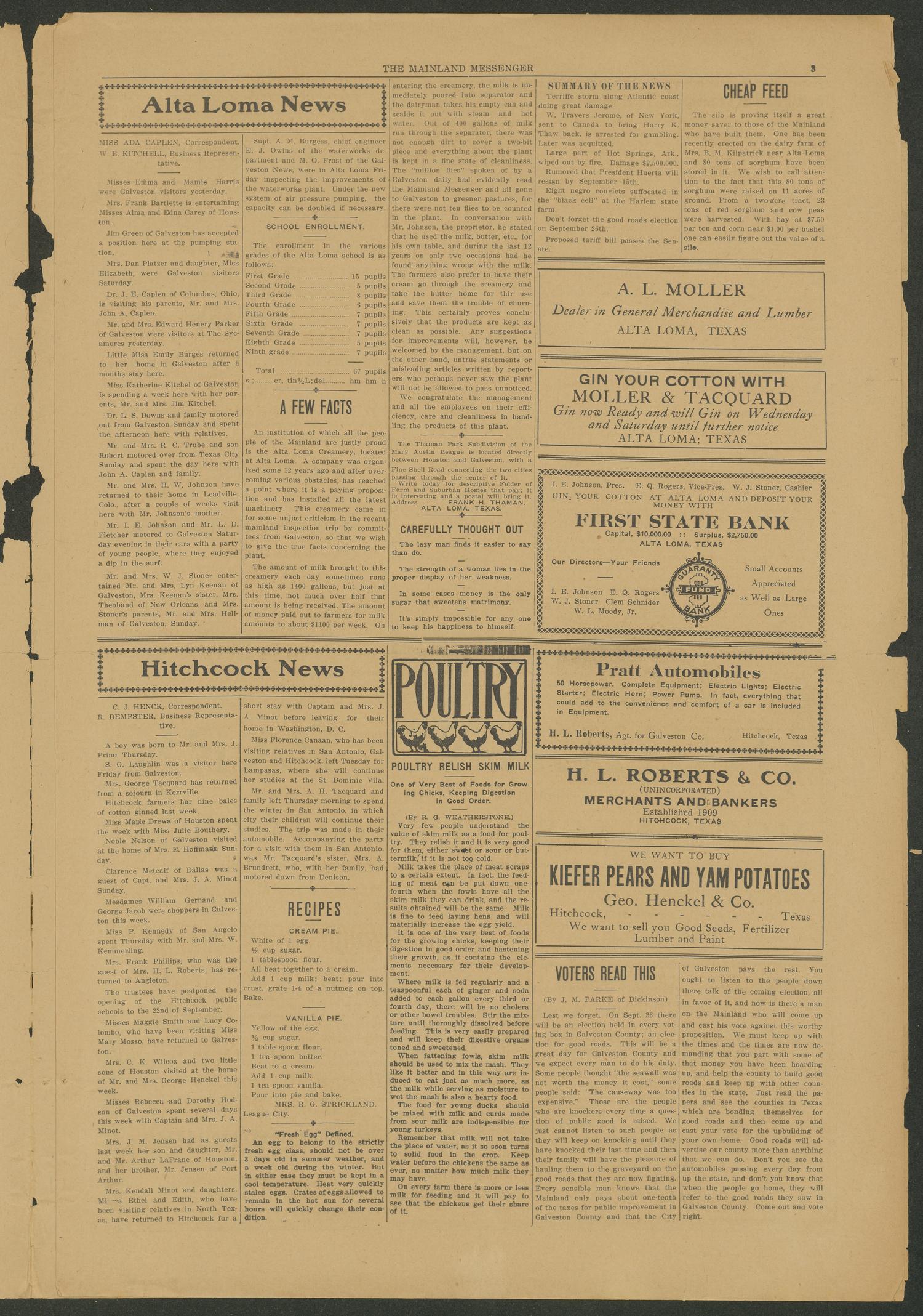 The Mainland Messenger (Dickinson, Tex.), Vol. 1, No. 10, Ed. 1 Wednesday, September 10, 1913
                                                
                                                    [Sequence #]: 3 of 8
                                                