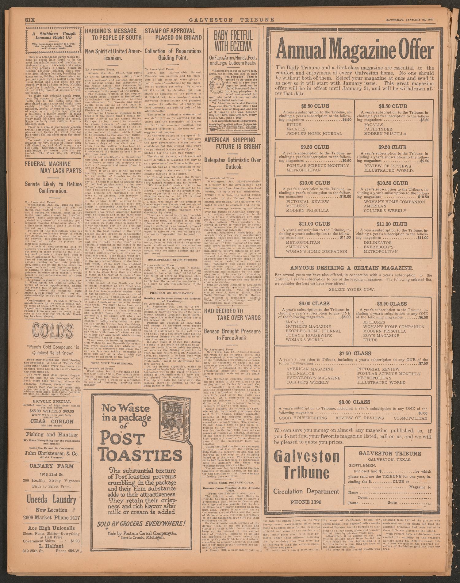 Galveston Tribune. (Galveston, Tex.), Vol. 41, No. 49, Ed. 1 Saturday, January 22, 1921
                                                
                                                    [Sequence #]: 6 of 12
                                                