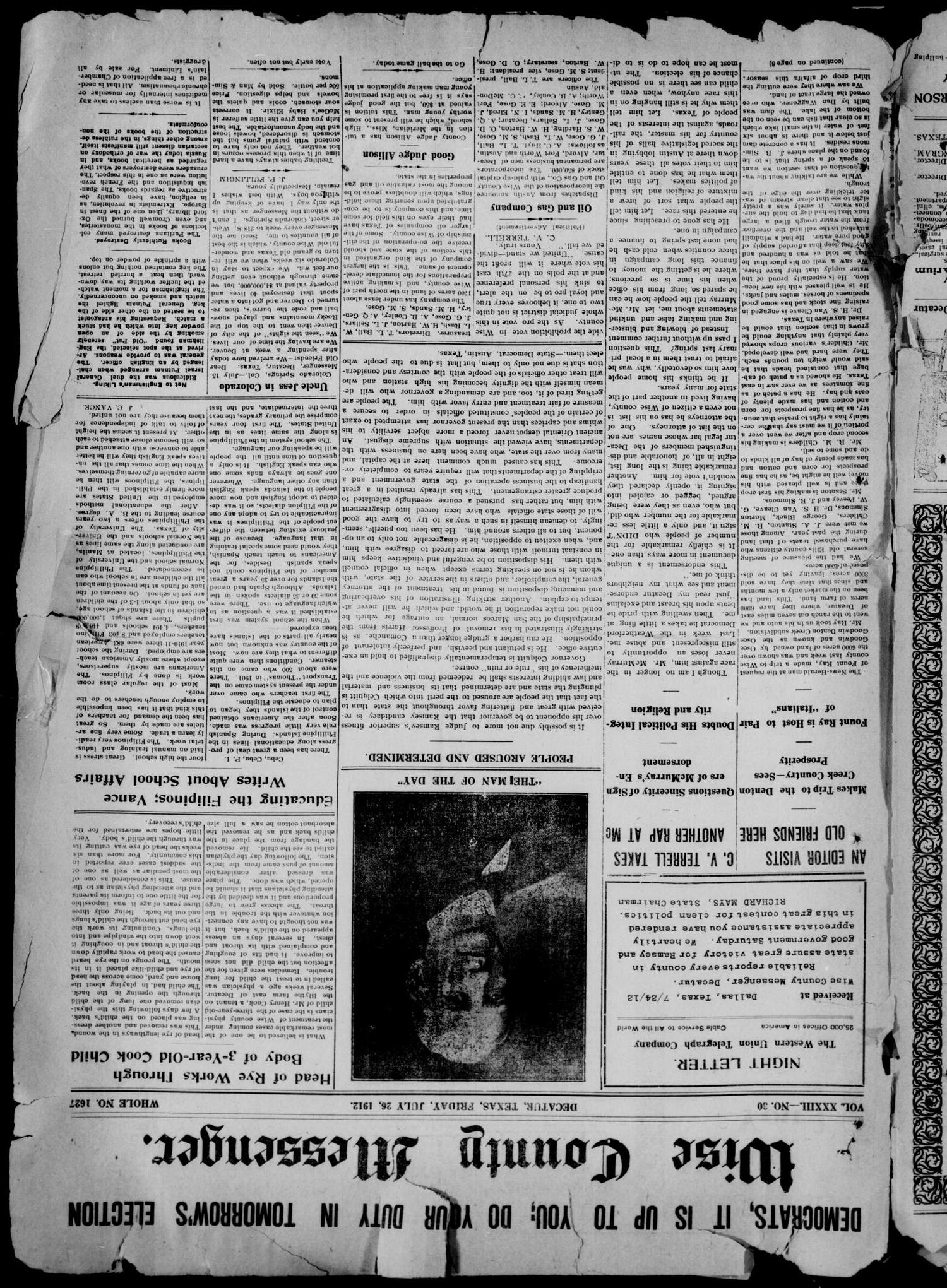 Wise County Messenger. (Decatur, Tex.), Vol. 33, No. 30, Ed. 1 Friday, July 26, 1912
                                                
                                                    [Sequence #]: 1 of 8
                                                