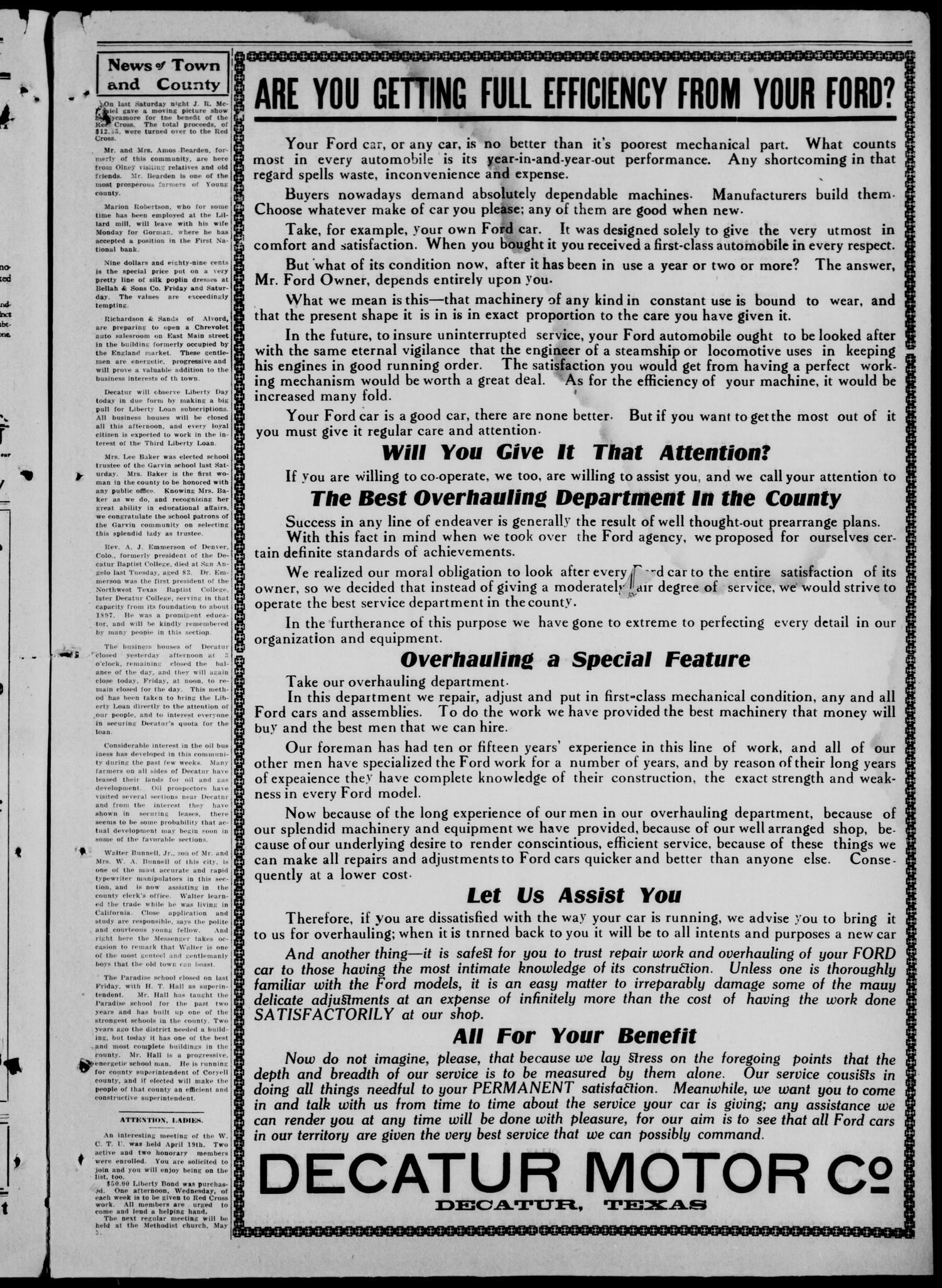 Wise County Messenger. (Decatur, Tex.), Vol. 39, No. 17, Ed. 1 Friday, April 26, 1918
                                                
                                                    [Sequence #]: 3 of 10
                                                