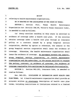 78th Texas Legislature, Regular Session, House Bill 1800, Chapter 261
