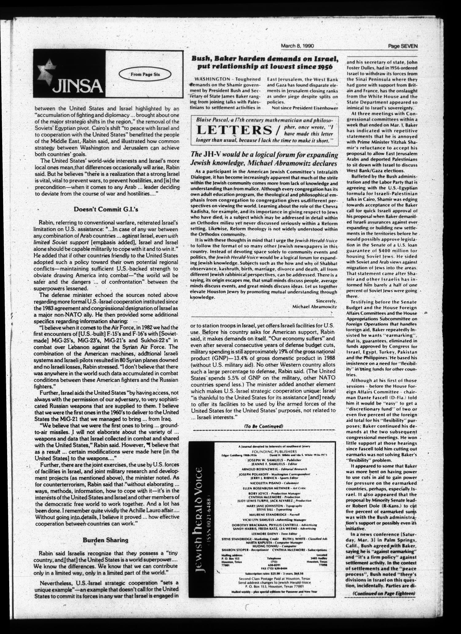 Jewish Herald-Voice (Houston, Tex.), Vol. 81, No. 49, Ed. 1 Thursday, March 8, 1990
                                                
                                                    [Sequence #]: 7 of 32
                                                