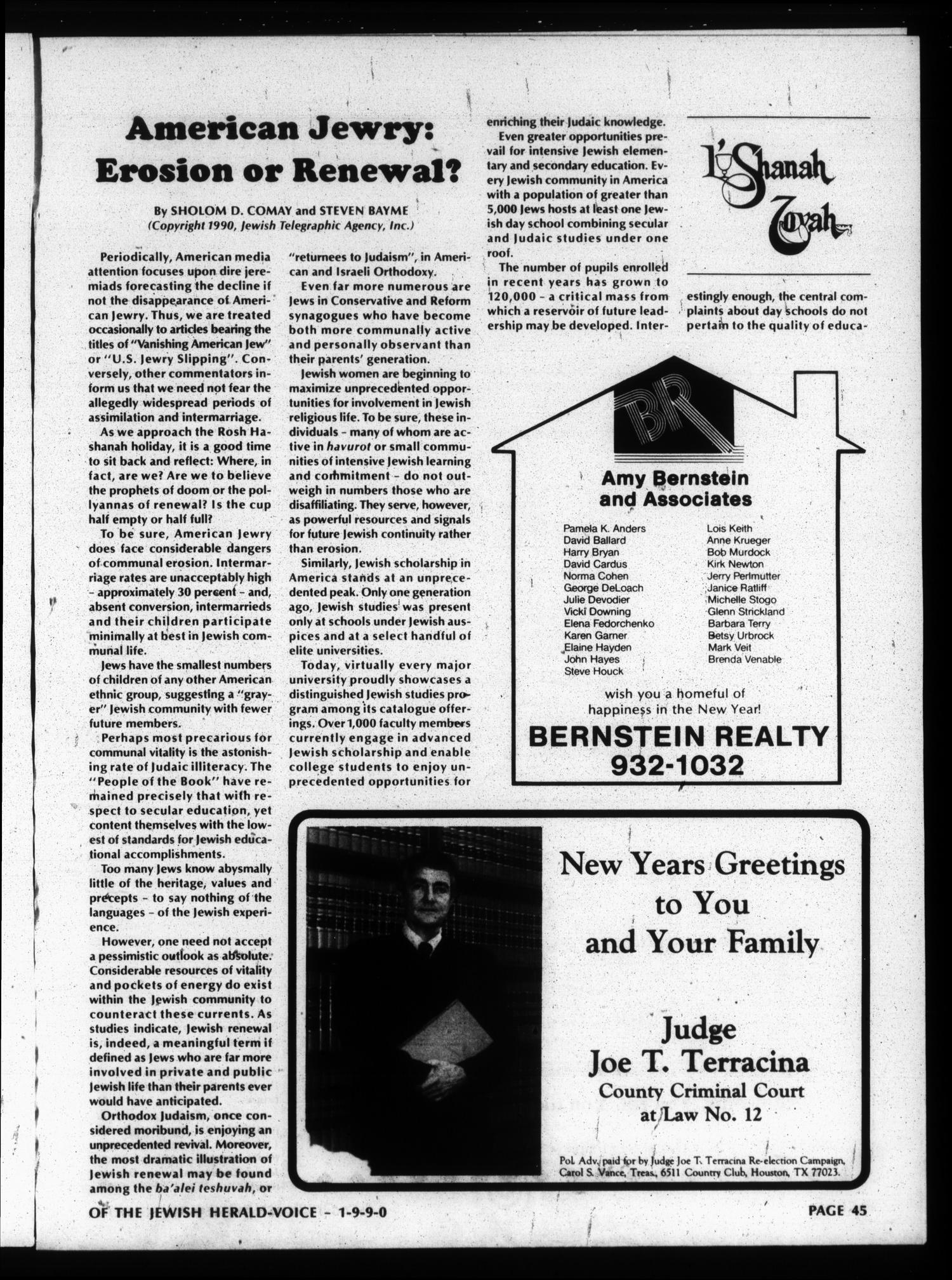 Jewish Herald-Voice (Houston, Tex.), Vol. 82, No. 25, Ed. 2 Thursday, September 20, 1990
                                                
                                                    [Sequence #]: 47 of 158
                                                