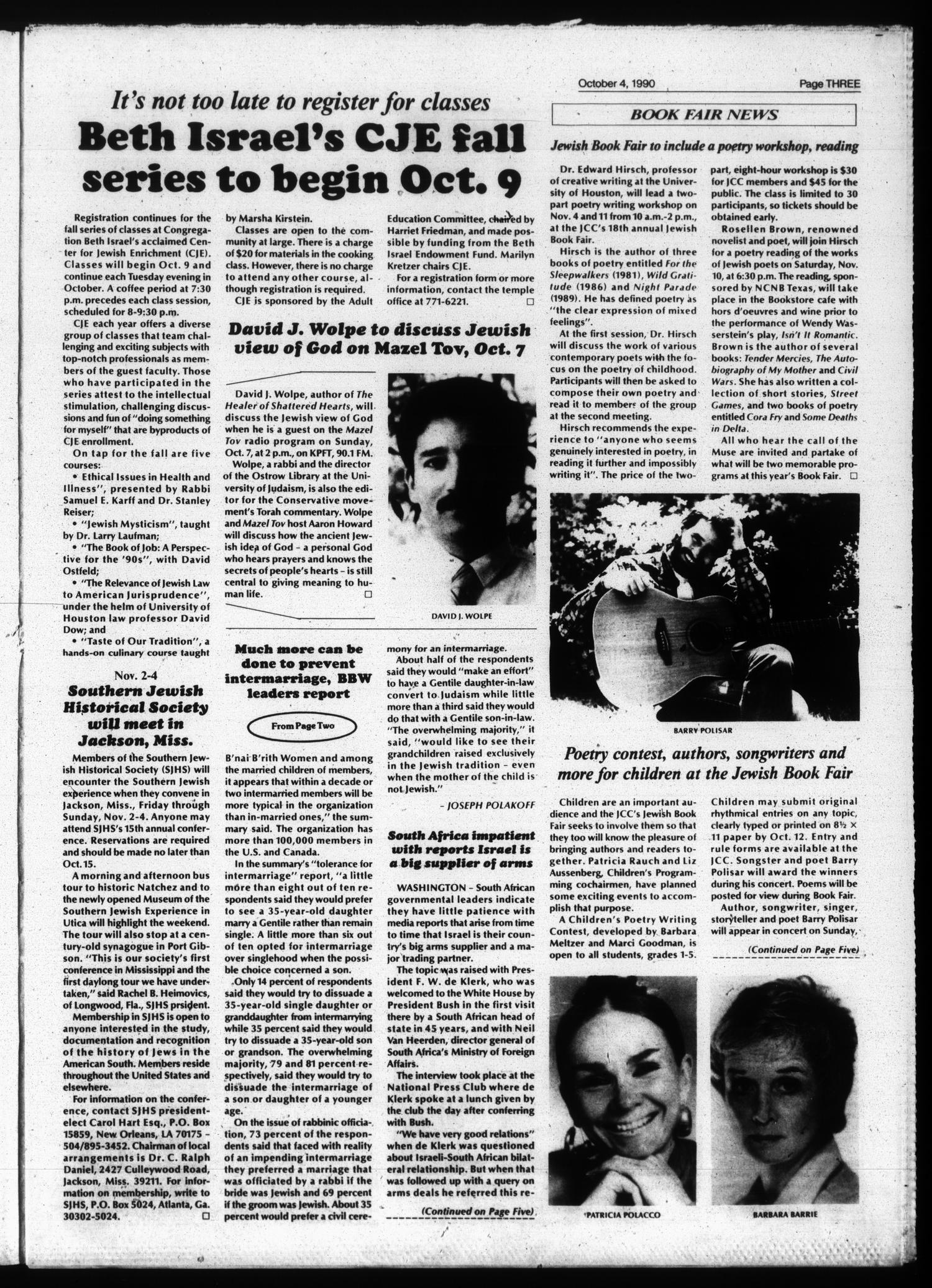 Jewish Herald-Voice (Houston, Tex.), Vol. 82, No. 28, Ed. 1 Thursday, October 4, 1990
                                                
                                                    [Sequence #]: 3 of 28
                                                