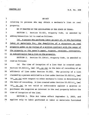 78th Texas Legislature, Regular Session, House Bill 208, Chapter 410