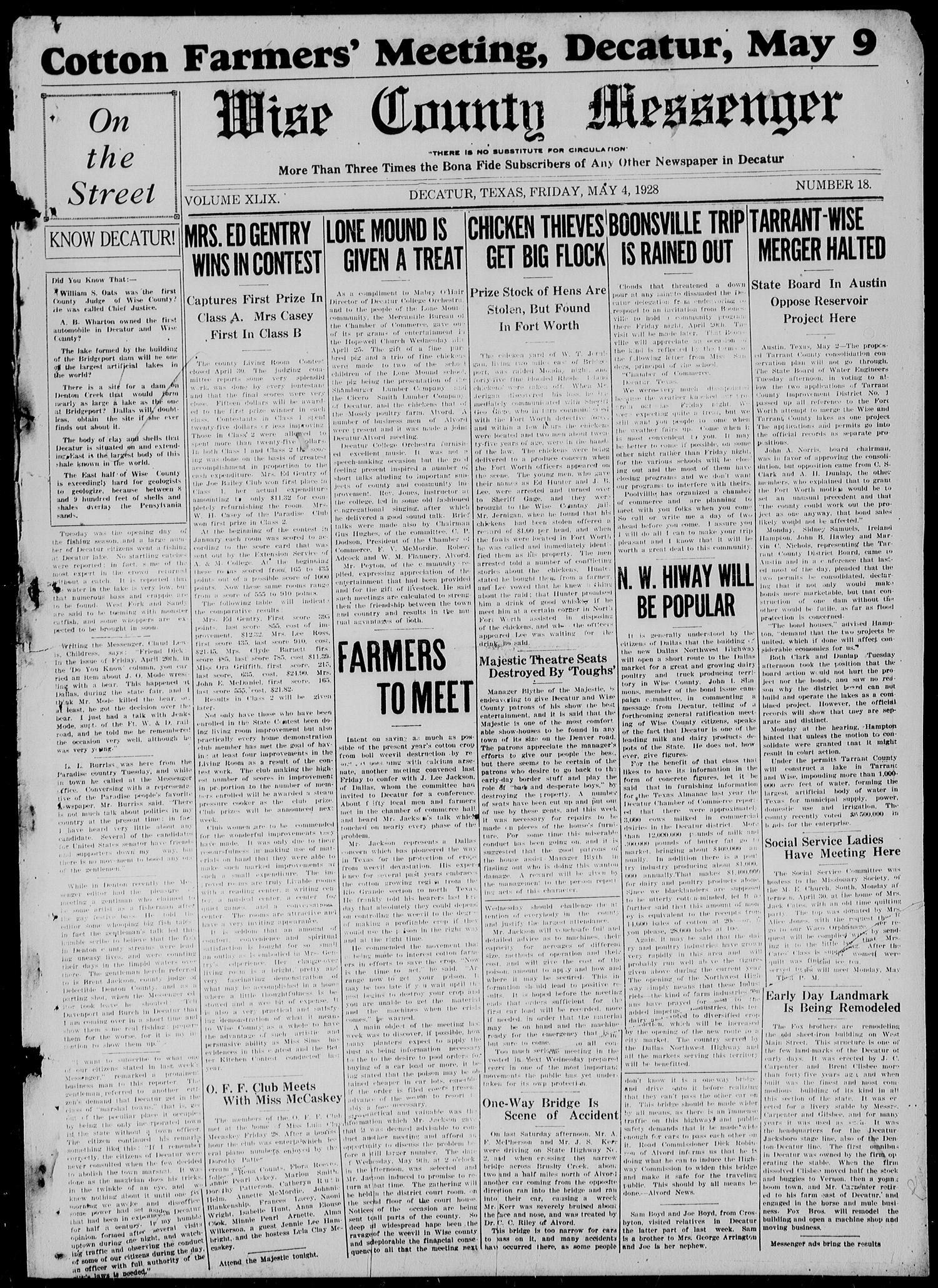 Wise County Messenger (Decatur, Tex.), Vol. 49, No. 18, Ed. 1 Friday, May 4, 1928
                                                
                                                    [Sequence #]: 1 of 8
                                                
