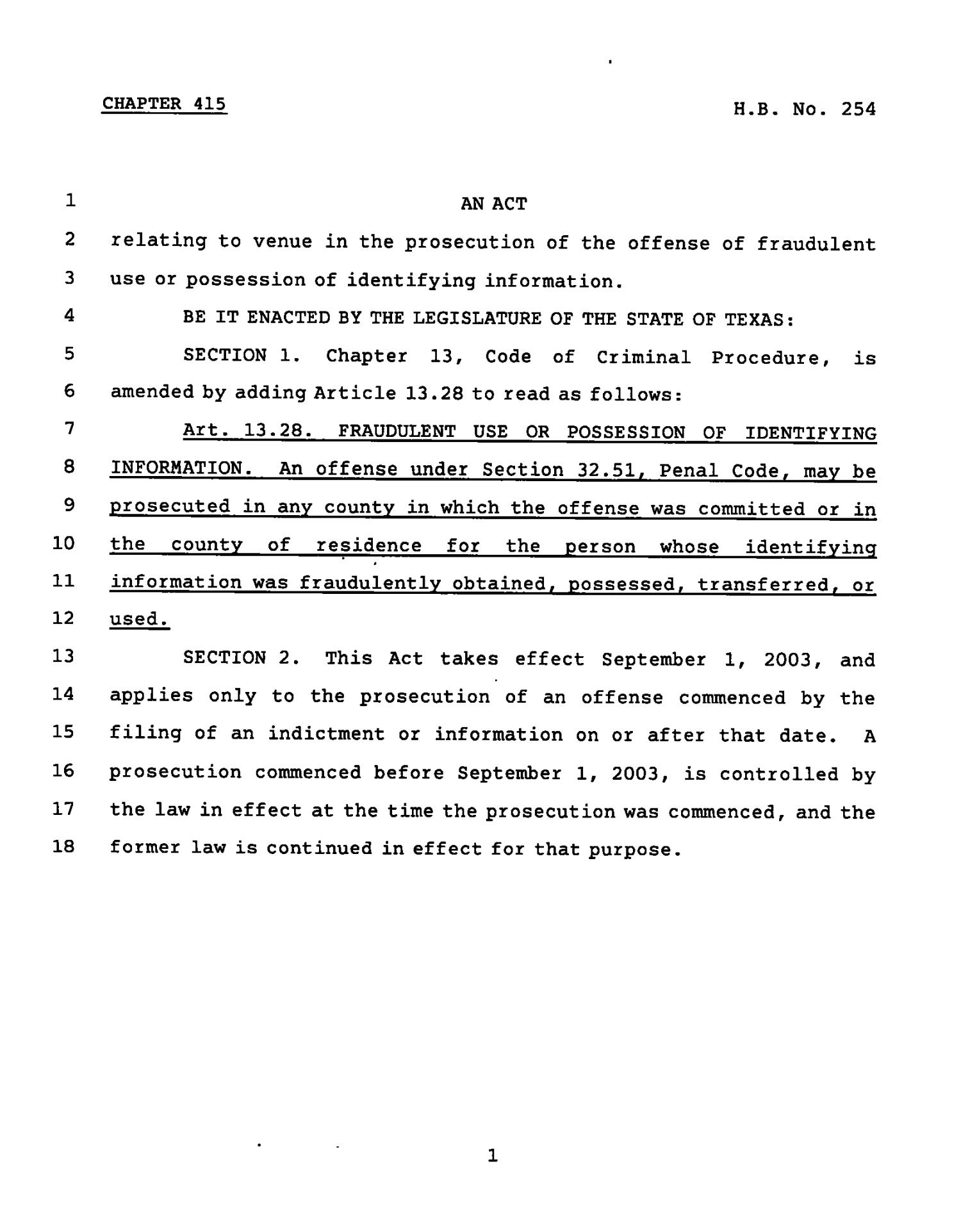 78th Texas Legislature, Regular Session, House Bill 254, Chapter 415
                                                
                                                    [Sequence #]: 1 of 2
                                                