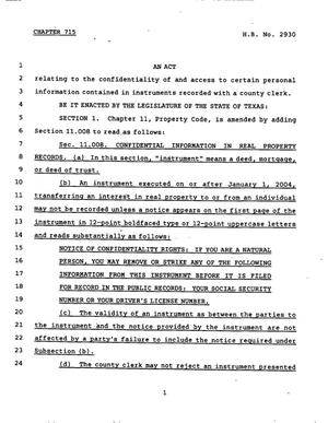 Primary view of object titled '78th Texas Legislature, Regular Session, House Bill 2930, Chapter 715'.
