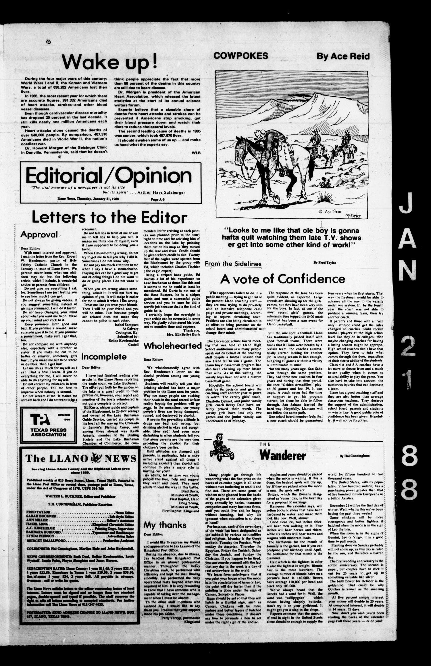 The Llano News (Llano, Tex.), Vol. 97, No. 13, Ed. 1 Thursday, January 21, 1988
                                                
                                                    [Sequence #]: 3 of 26
                                                