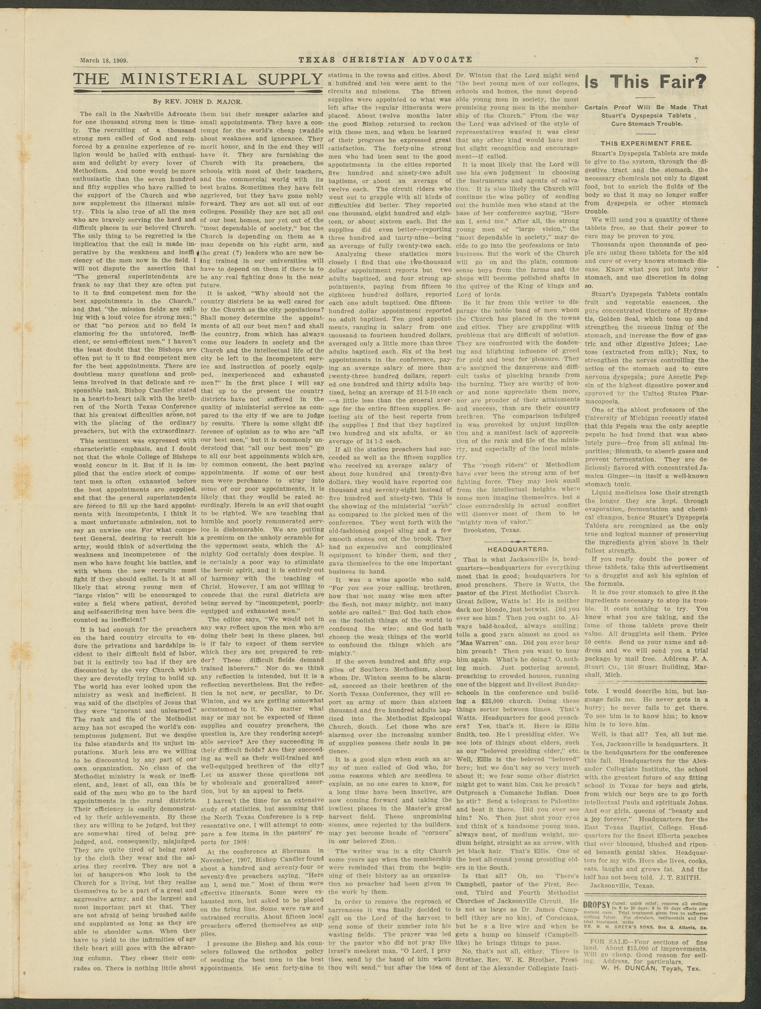 Texas Christian Advocate (Dallas, Tex.), Vol. 55, No. 31, Ed. 1 Thursday, March 18, 1909
                                                
                                                    [Sequence #]: 7 of 16
                                                