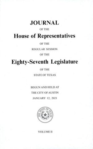 Primary view of object titled 'Journal of the House of Representatives of the Regular Session of the Eighty-Seventh Legislature of the State of Texas, Volume 2'.