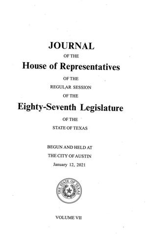 Primary view of object titled 'Journal of the House of Representatives of the Regular Session of the Eighty-Seventh Legislature of the State of Texas, Volume 7'.